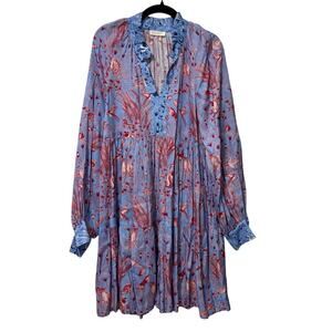 Stine Goya Blue Pink Jasmine Floral Jungle Long Sleeve Mini Dress Size Small